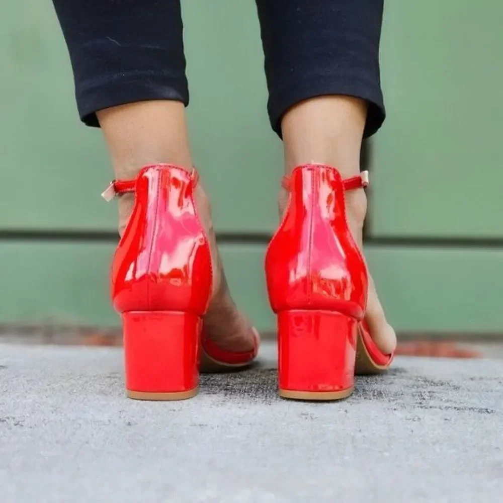 Women Ankle Straps Low Chunky Heels Sandals Red Color - Picture 5 of 5